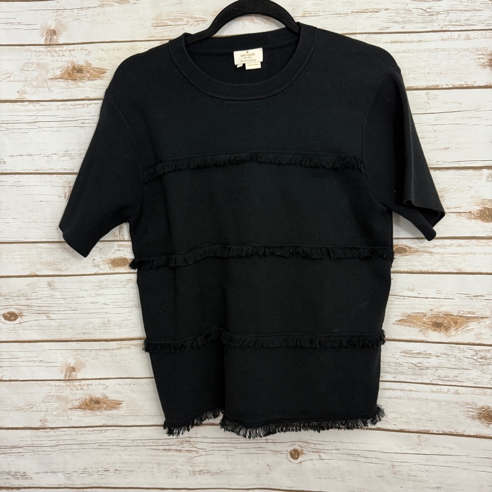 Kate Spade Black Fringe Knit Pullover Short Sleeve Sweater